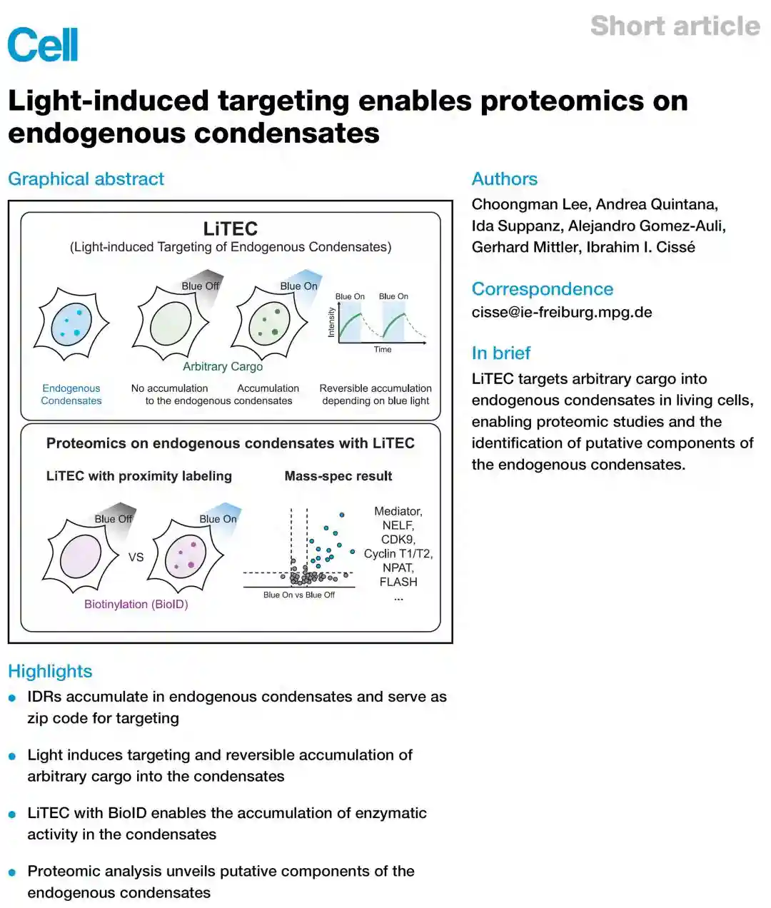 Cell | 新技术解析内源凝聚体蛋白质组